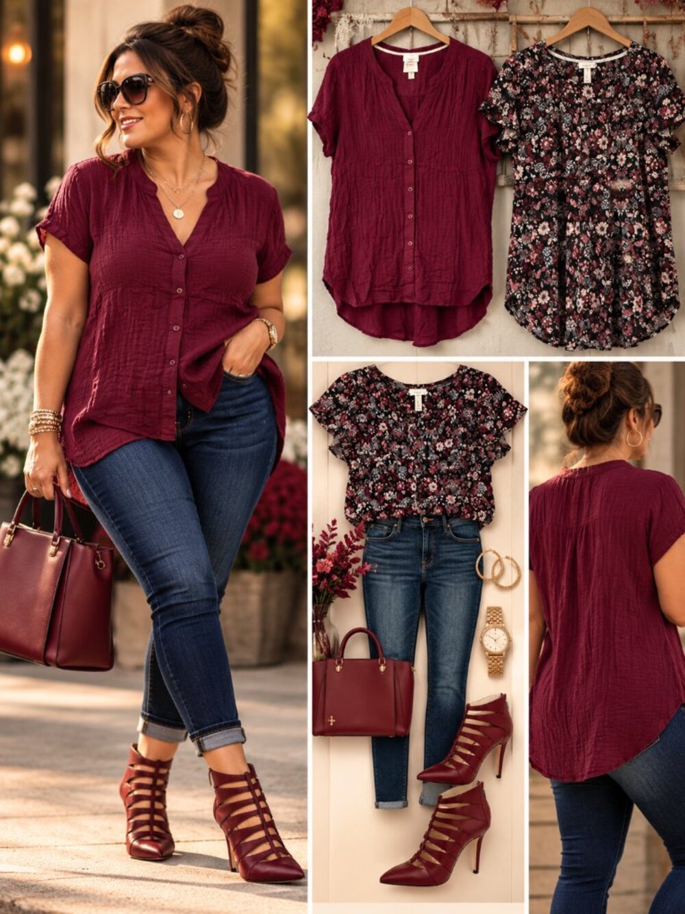 NWOT Women's Blouse Bundle | Burgundy Floral + Wine Button Front Tops | Size L